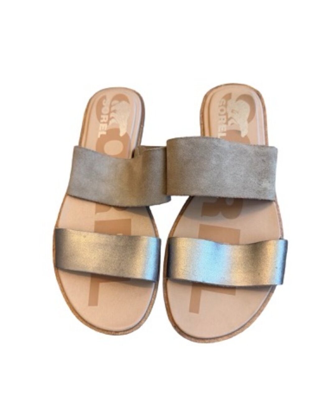 Sorel Gray Gold Two Strap Slide Sandals Suede Metallic Minimalist Size 6 Women's